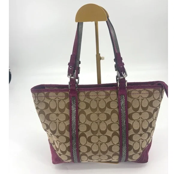 Coach Signature Canvas Tote Suede Trim Purple Interior Shoulder Bag - Picture 2 of 10